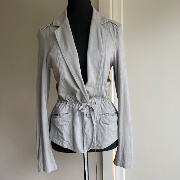 Sandwich Fitted Cinched Waist Grey Cotton  Blazer with Silver Trim - Picture 13 of 14